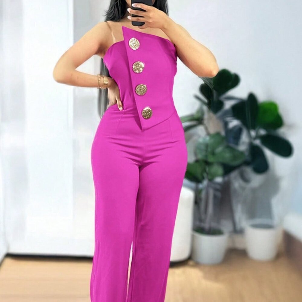 Hot Pink Elegant Women's Asymmetrical Bandeau Jumpsuit